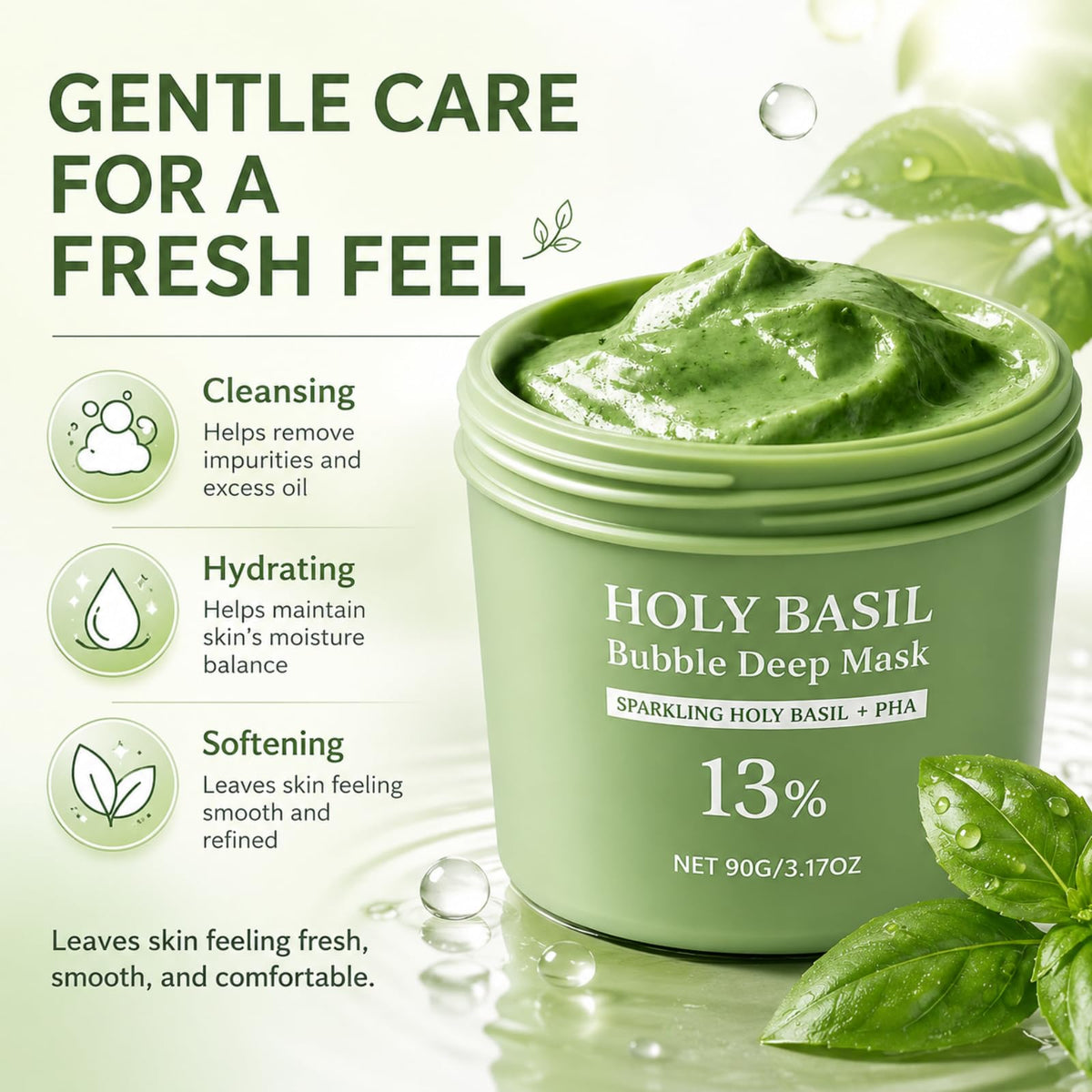 Generic holy basil bubble mask applied on face demonstrating use benefit comfortable cleansing
