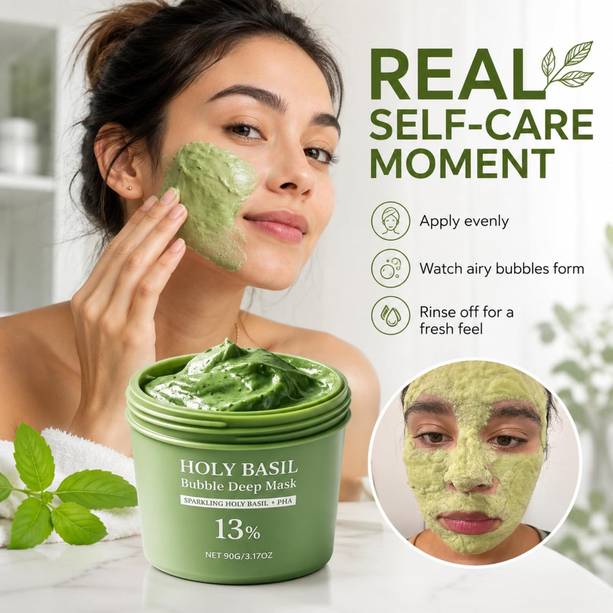 Generic holy basil bubble mask bubbling foam close-up showing airy transformation benefit lifts impurities