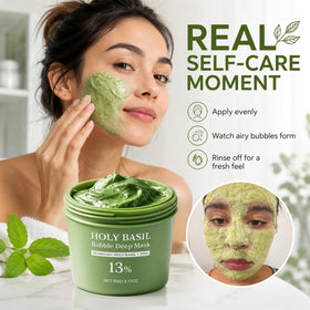 Generic holy basil bubble mask bubbling foam close-up showing airy transformation benefit lifts impurities