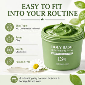 Generic holy basil bubble mask glycerin ingredient dropper showing hydration benefit prevents dryness