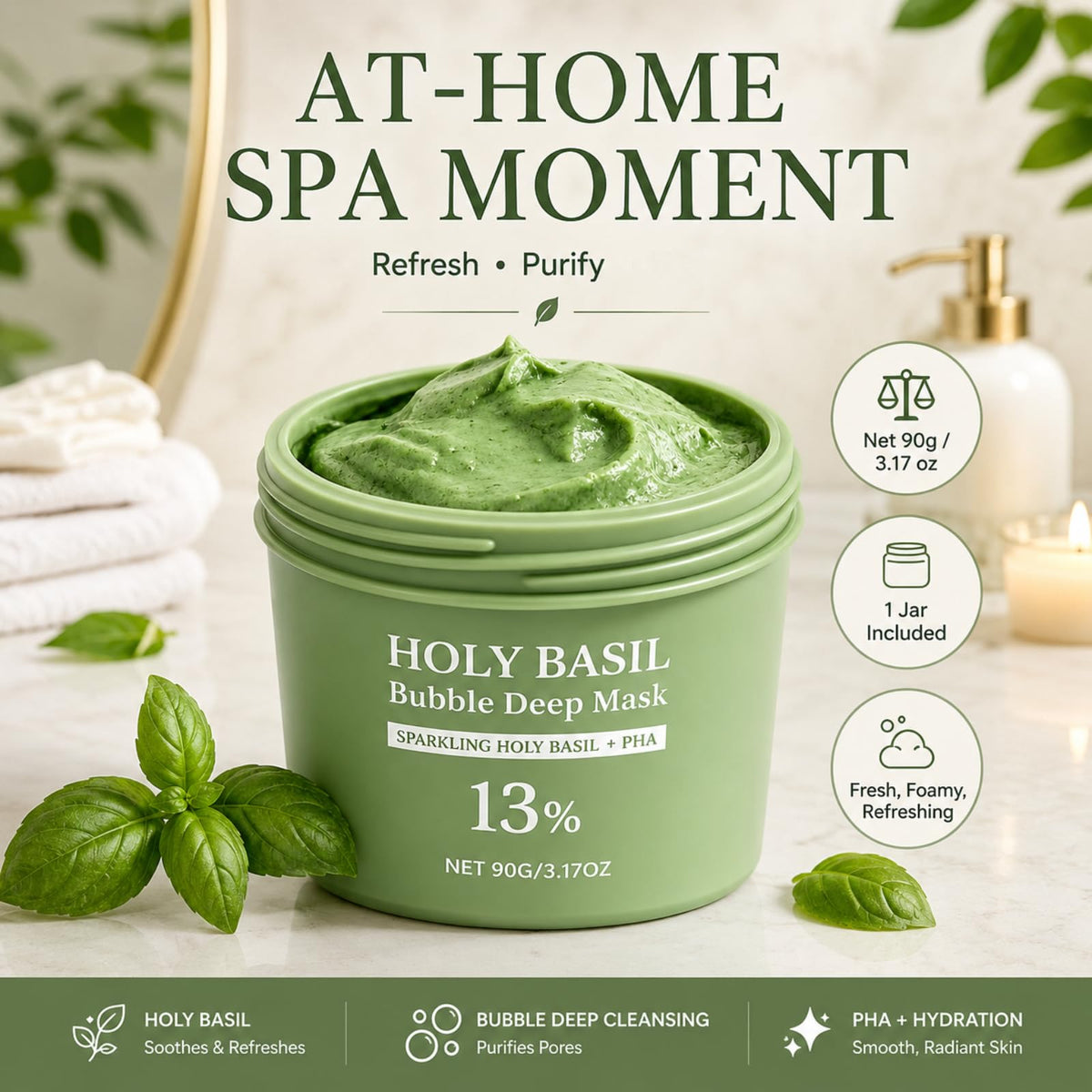 Generic holy basil bubble mask holy basil extract visual showing botanical ingredient benefit refreshing feel