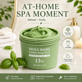 Generic holy basil bubble mask holy basil extract visual showing botanical ingredient benefit refreshing feel
