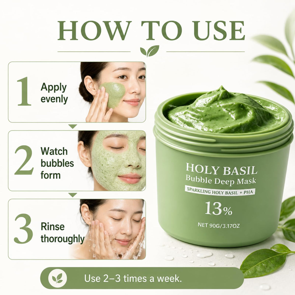 Generic holy basil bubble mask styled in bathroom setting showing lifestyle use benefit spa-like moment