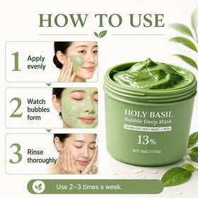 Generic holy basil bubble mask styled in bathroom setting showing lifestyle use benefit spa-like moment