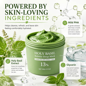 Generic holy basil bubble mask rinsing under water showing removal process benefit leaves soft skin