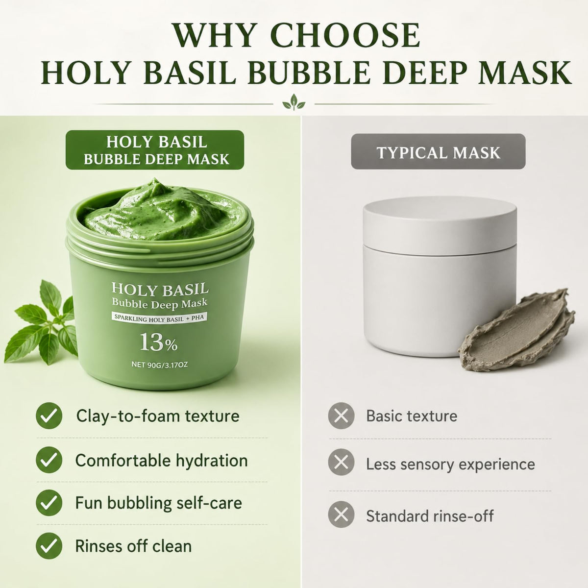 Generic holy basil bubble mask jar held in hand showing scale benefit clear size reference