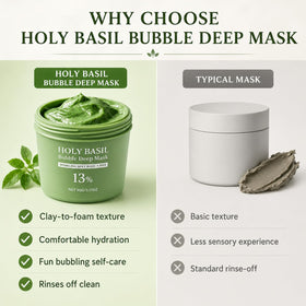Generic holy basil bubble mask jar held in hand showing scale benefit clear size reference