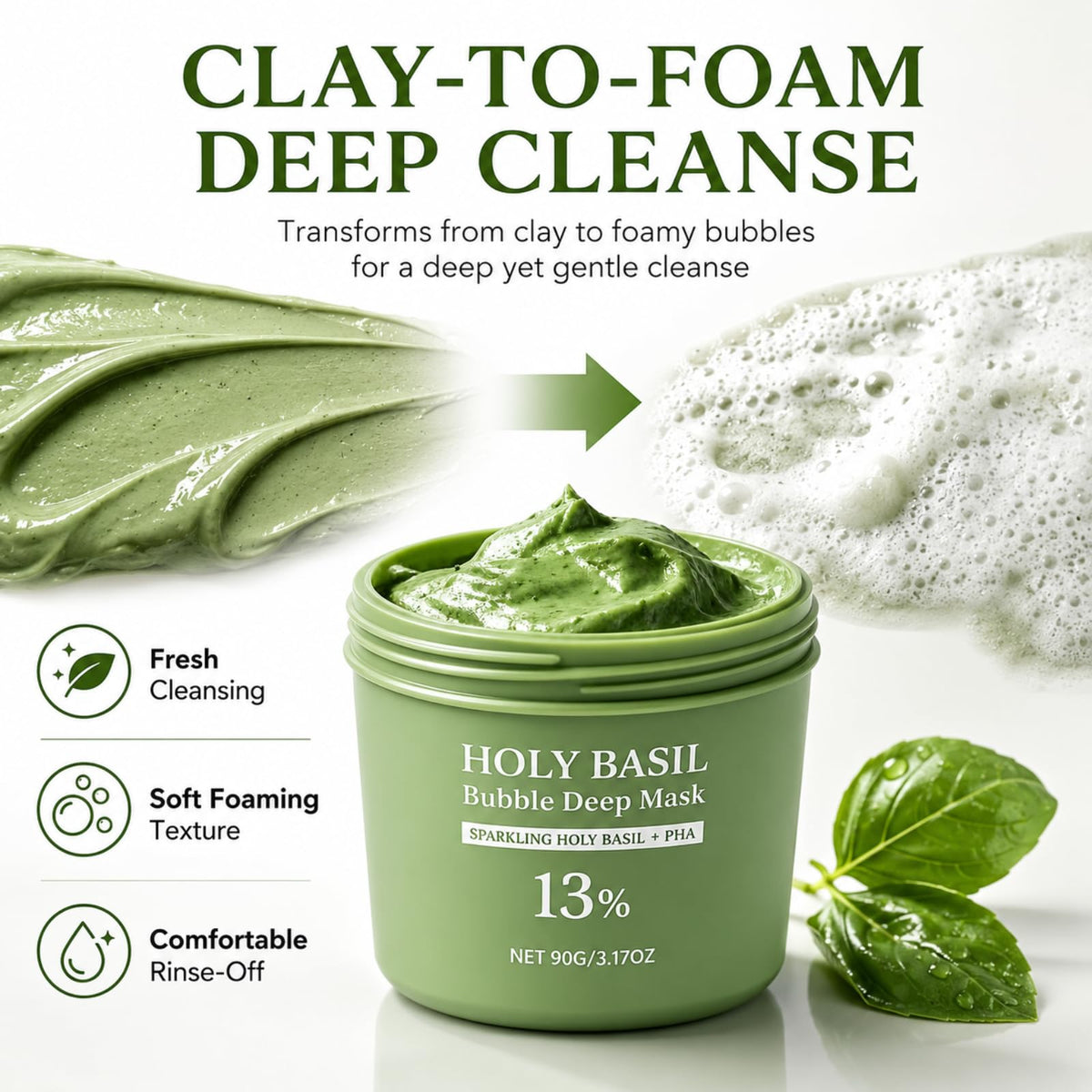 Generic holy basil bubble mask clay texture close-up showing creamy spreadable formula benefit easy application
