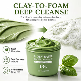 Generic holy basil bubble mask clay texture close-up showing creamy spreadable formula benefit easy application