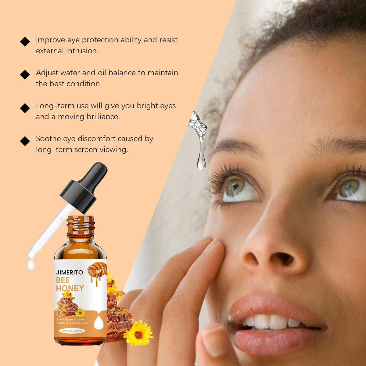 Generic honey eye drops application demo showing user instilling drops safely
