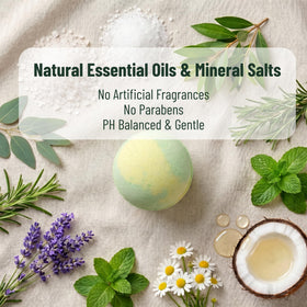 Generic ingredients display with Dead Sea salt and essential oils benefits