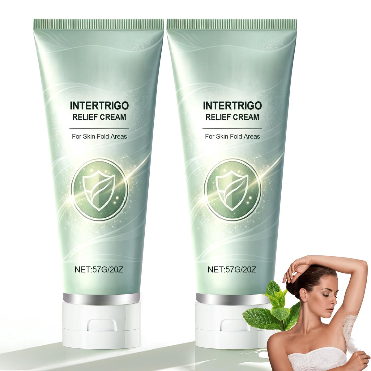 Generic intertrigo cream front packaging showing brand and two-tube set benefit