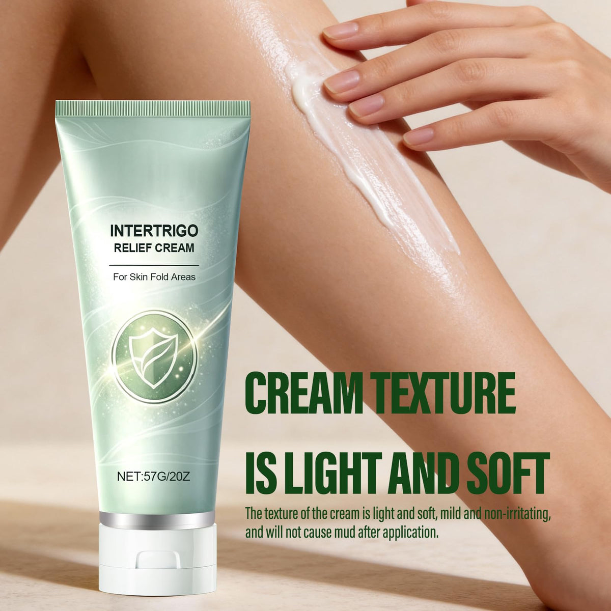 Generic intertrigo cream used under-breast showing breathable comfort benefit