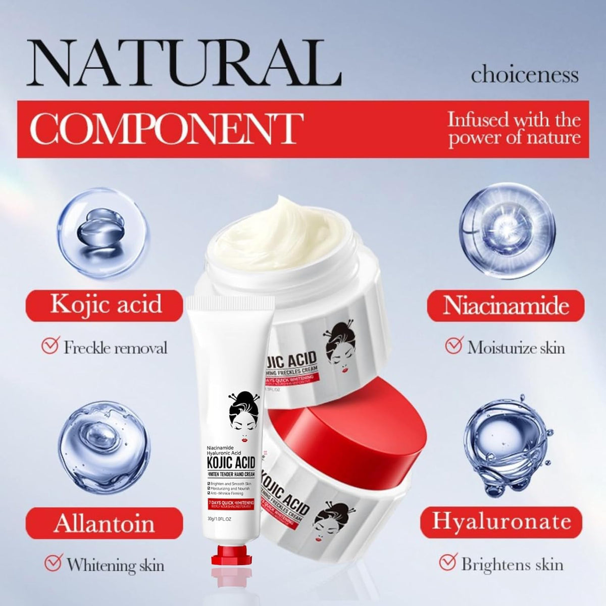 Generic kojic acid cream application on hands showing hydration and improved texture