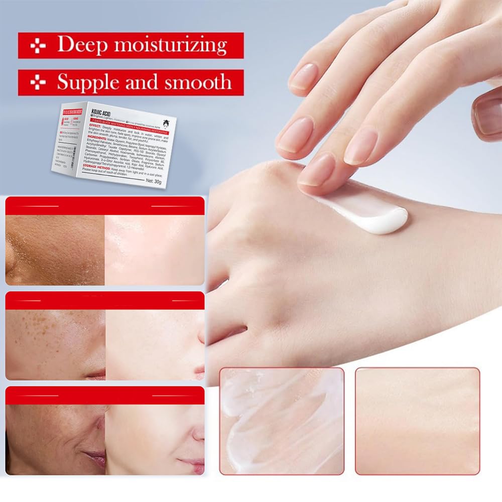 Generic kojic acid gel applied to face showing gentle hydration benefit