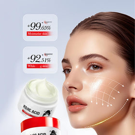 Generic kojic acid gel ingredient label close-up highlighting hyaluronic acid