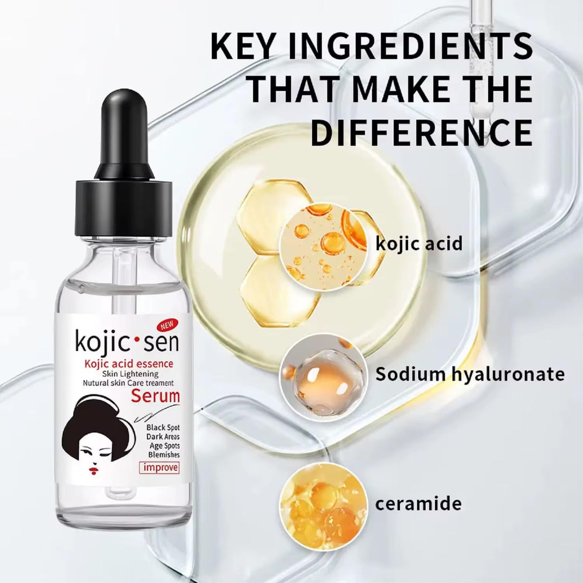Generic brand kojic acid serum application on skin demonstrating even coverage benefit