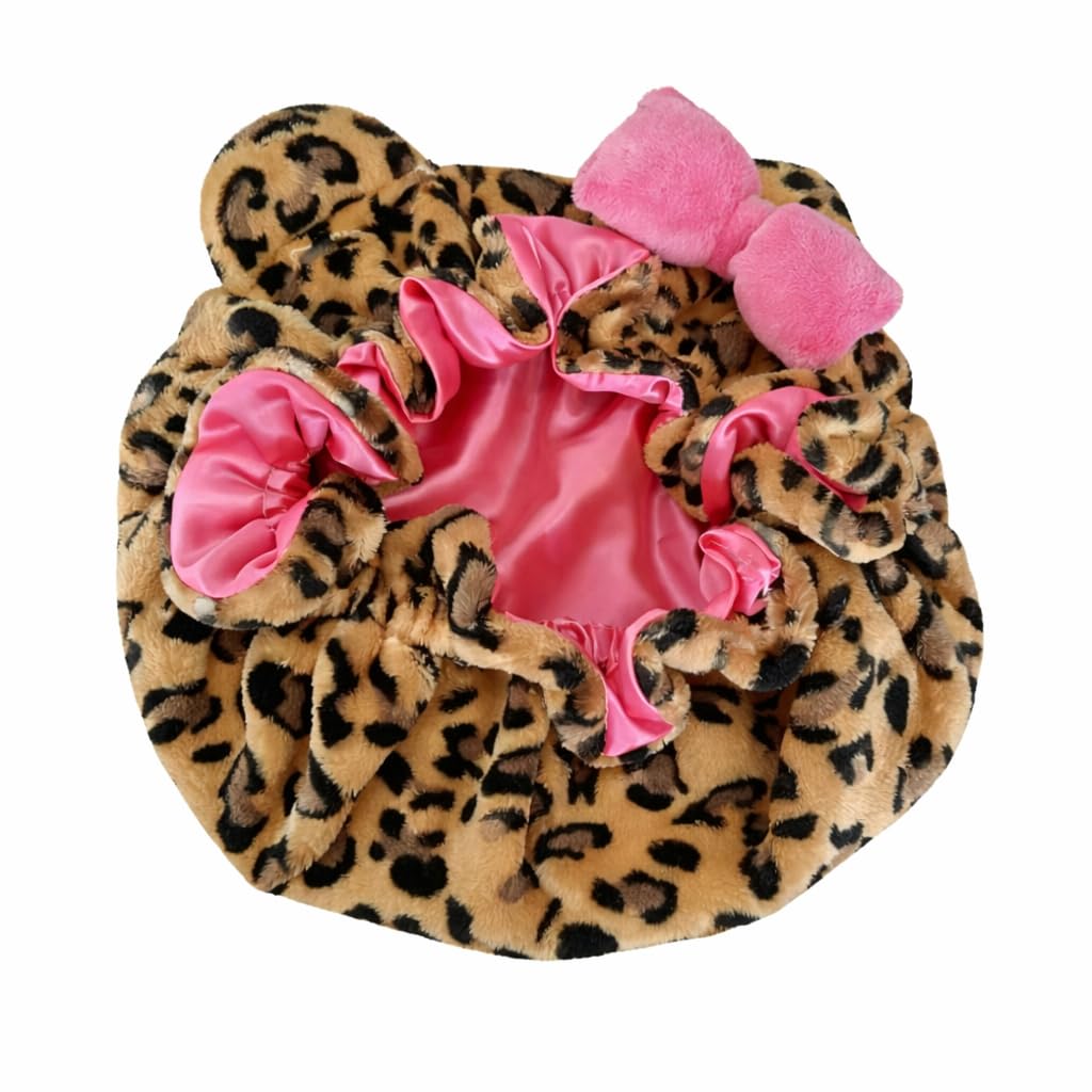 Generic leopard bonnet front view showing pattern and shape, protects hair