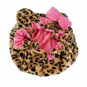 Generic leopard bonnet front view showing pattern and shape, protects hair