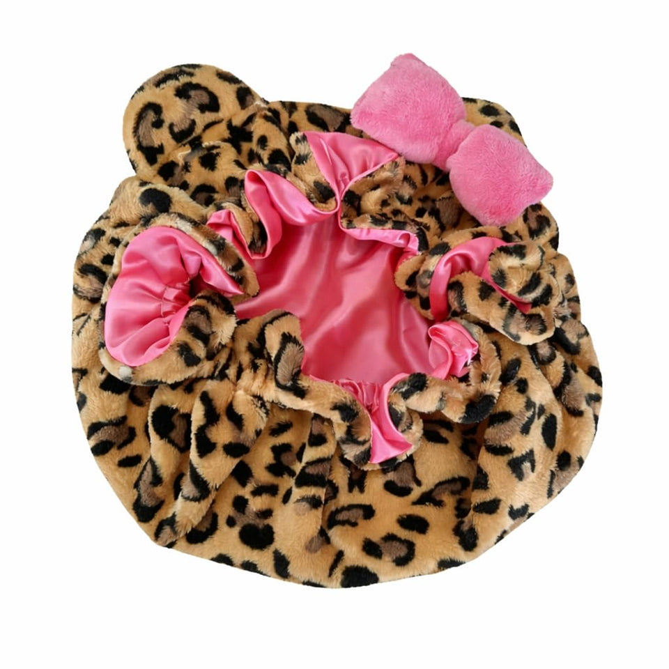Generic leopard bonnet front view showing pattern and shape, protects hair