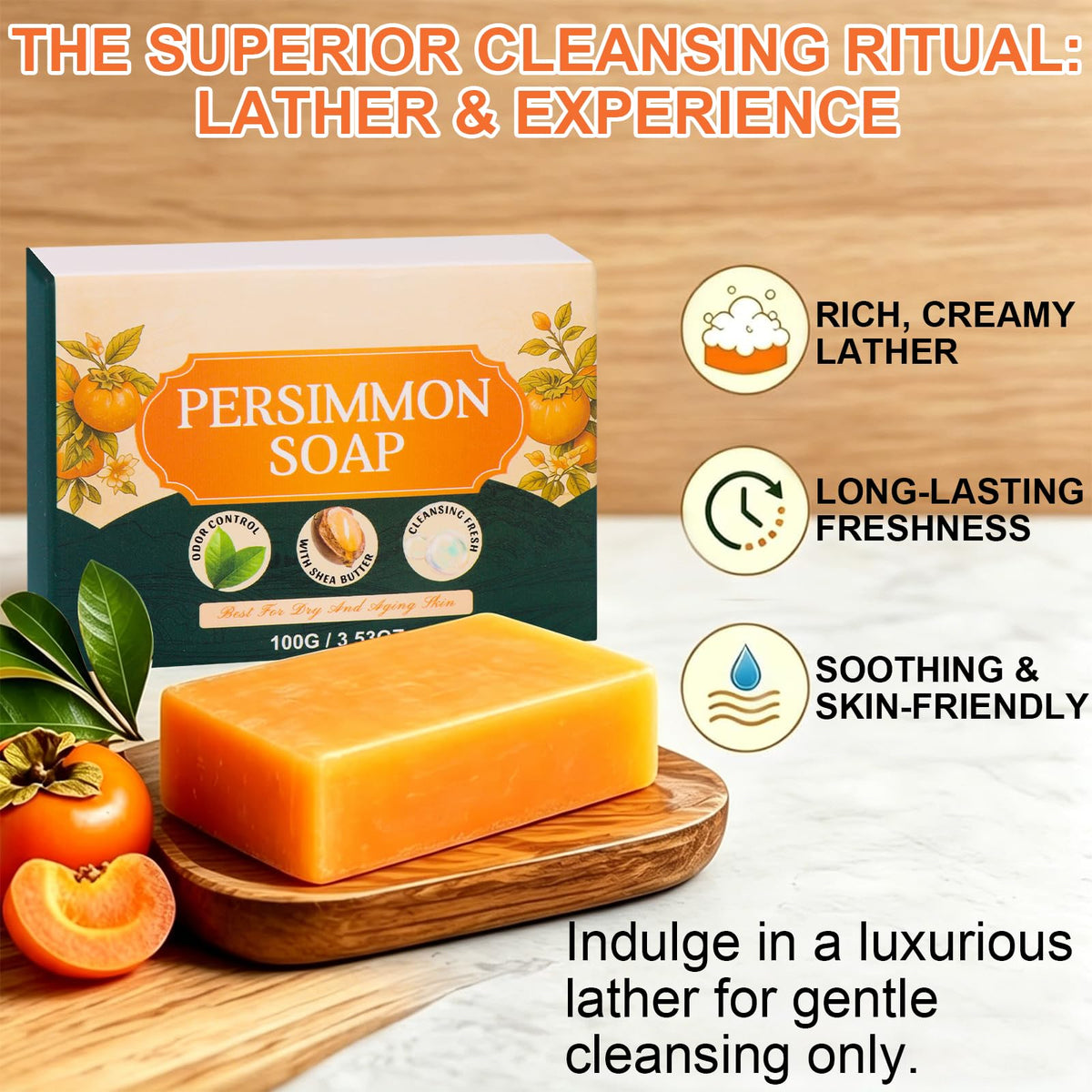 Generic persimmon soap close texture shot highlighting creamy lather