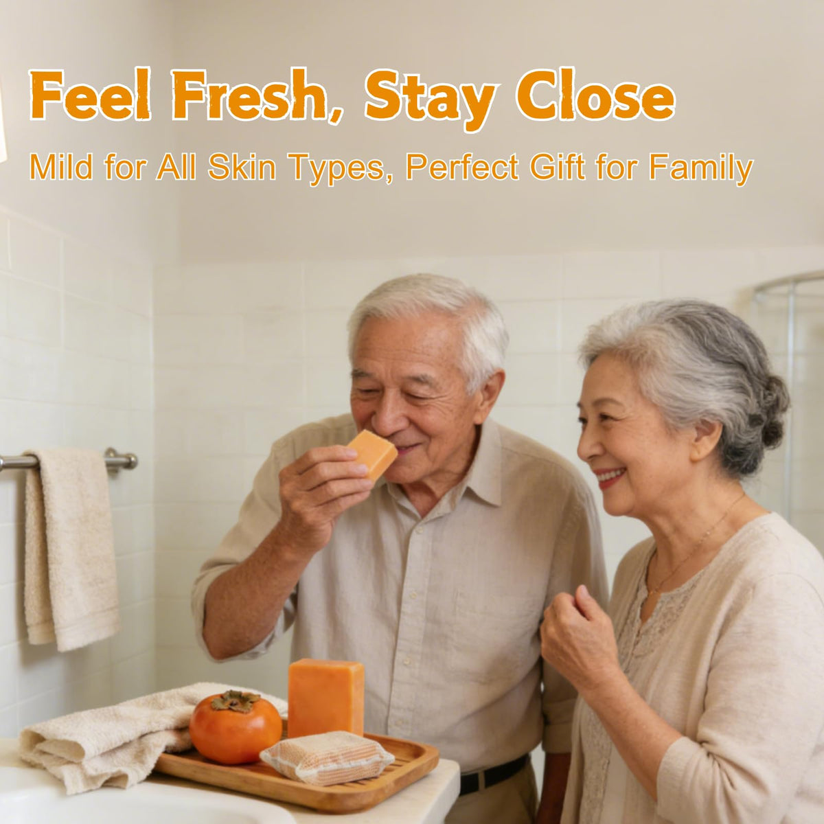 Senior hands using Generic persimmon soap illustrating ease and comfort