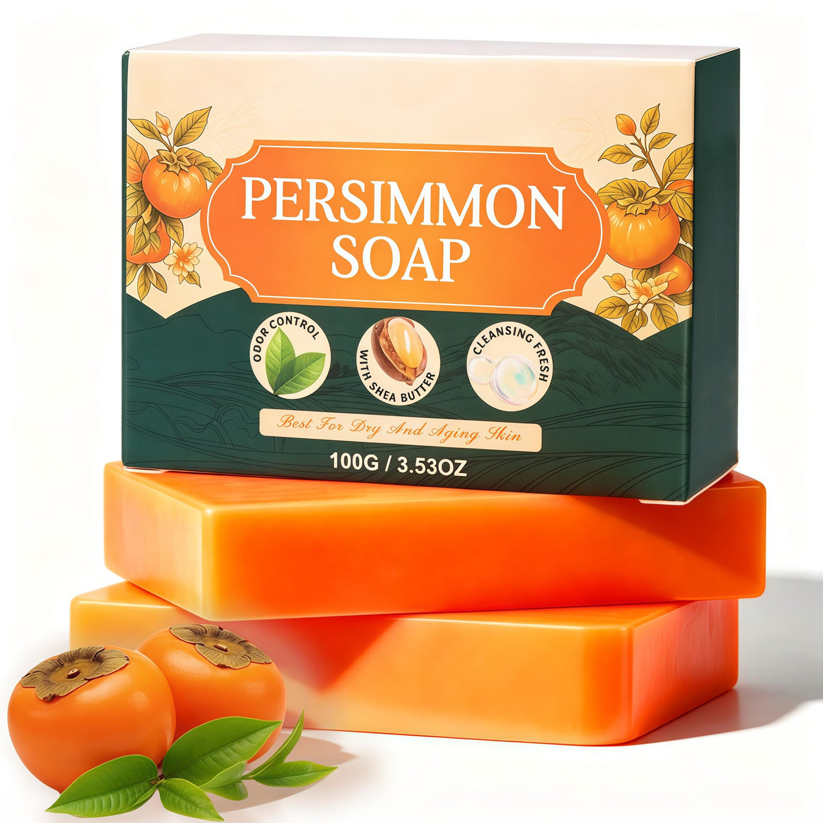 Generic persimmon soap front packaging showing two boxed bars and benefits