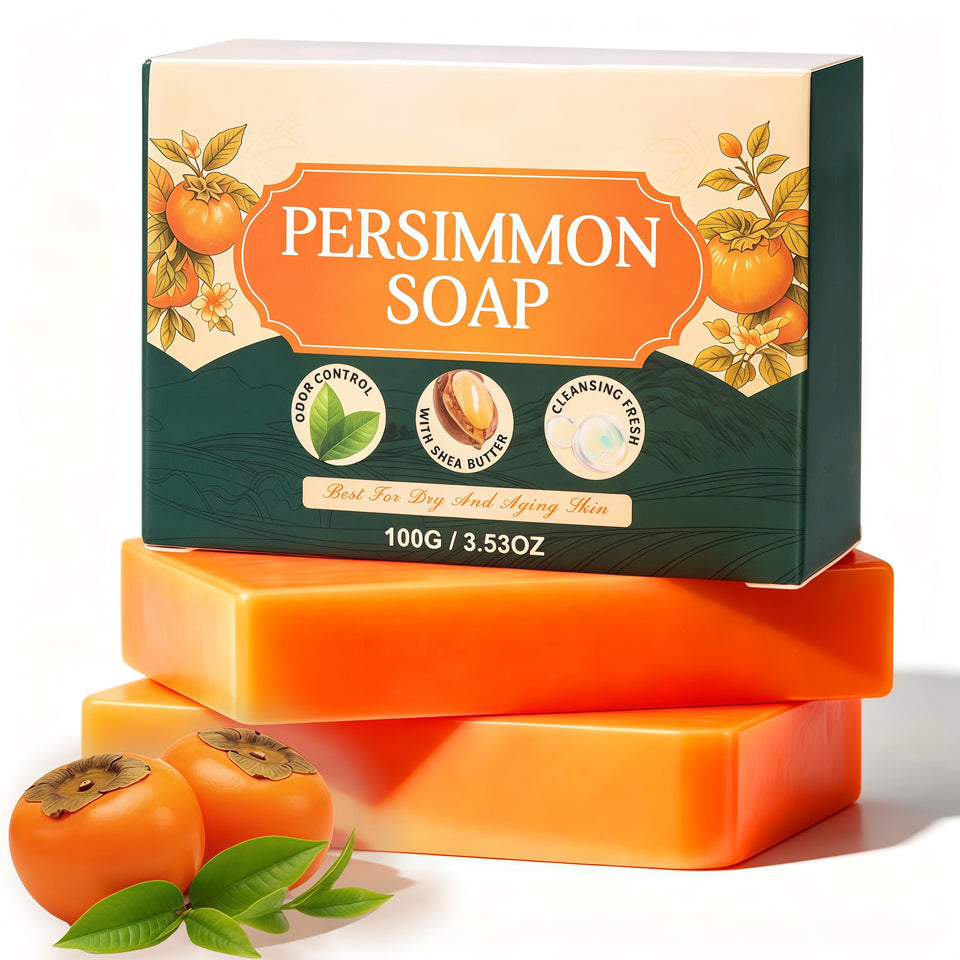 Generic persimmon soap front packaging showing two boxed bars and benefits