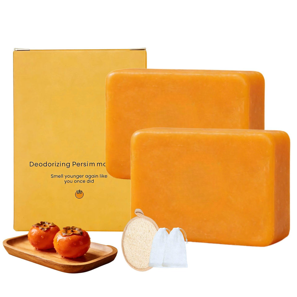 Generic persimmon soap front packaging showing kit contents and benefits