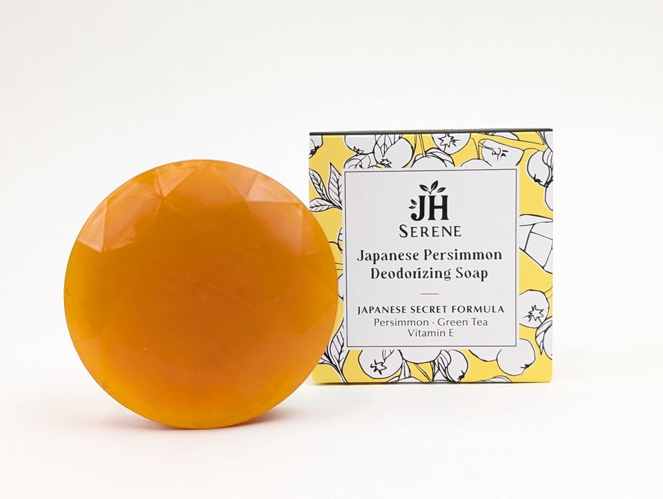 Generic persimmon soap front packaging showing product and calming design benefits freshness
