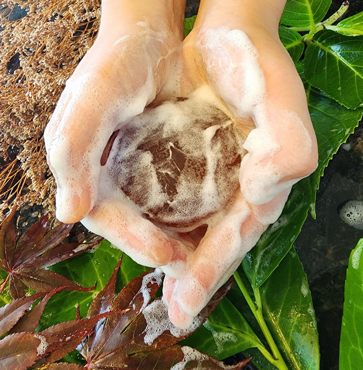 Generic persimmon soap used on hair showing scalp cleansing and odor neutralizing benefit