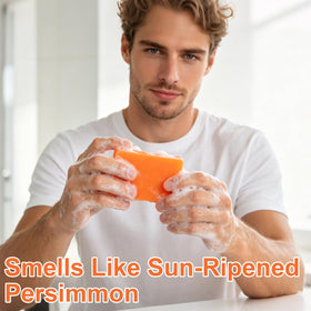 Generic persimmon soap held in hand for size comparison demonstrating easy handling