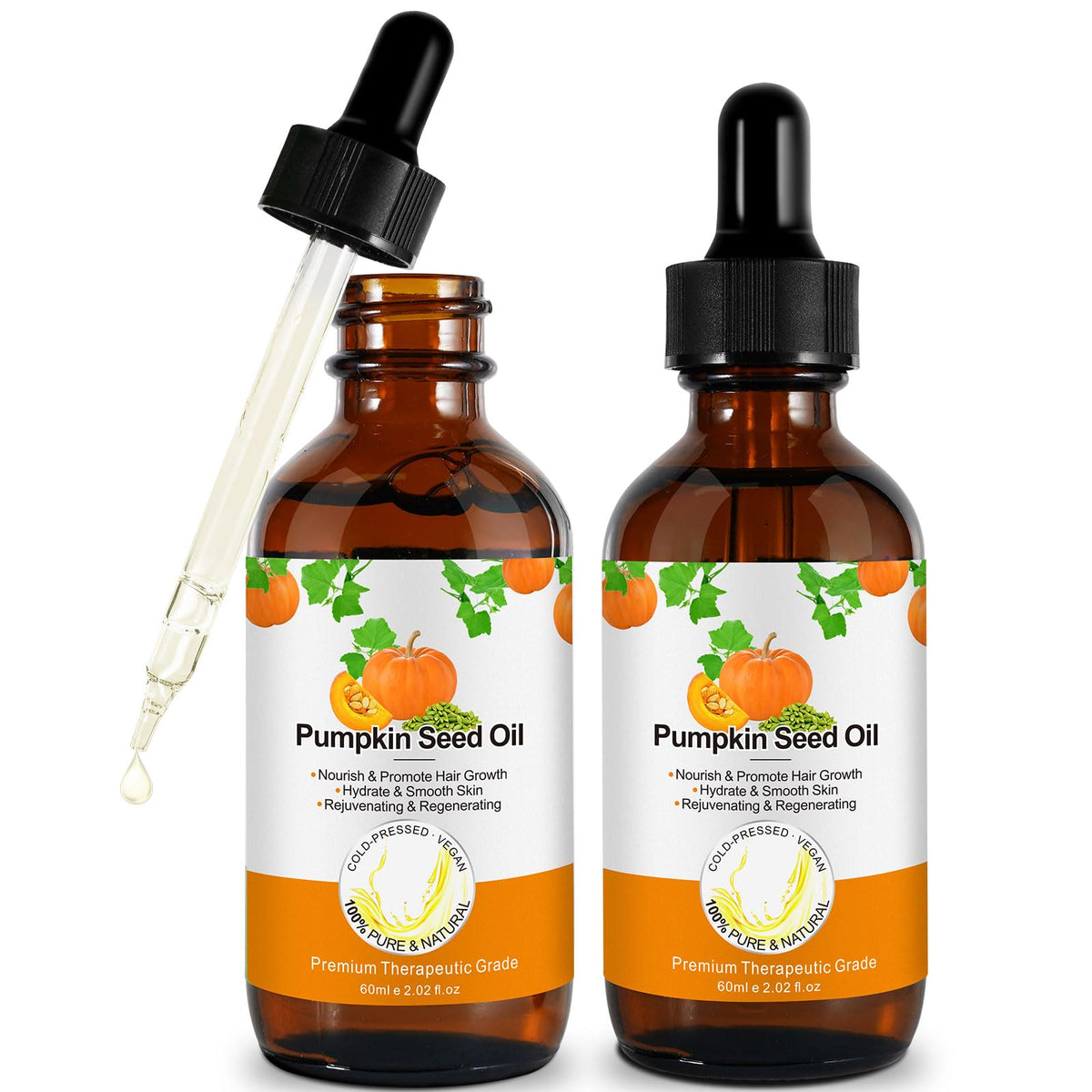 Generic pumpkin seed oil front bottles showing packaging and clean presentation benefit