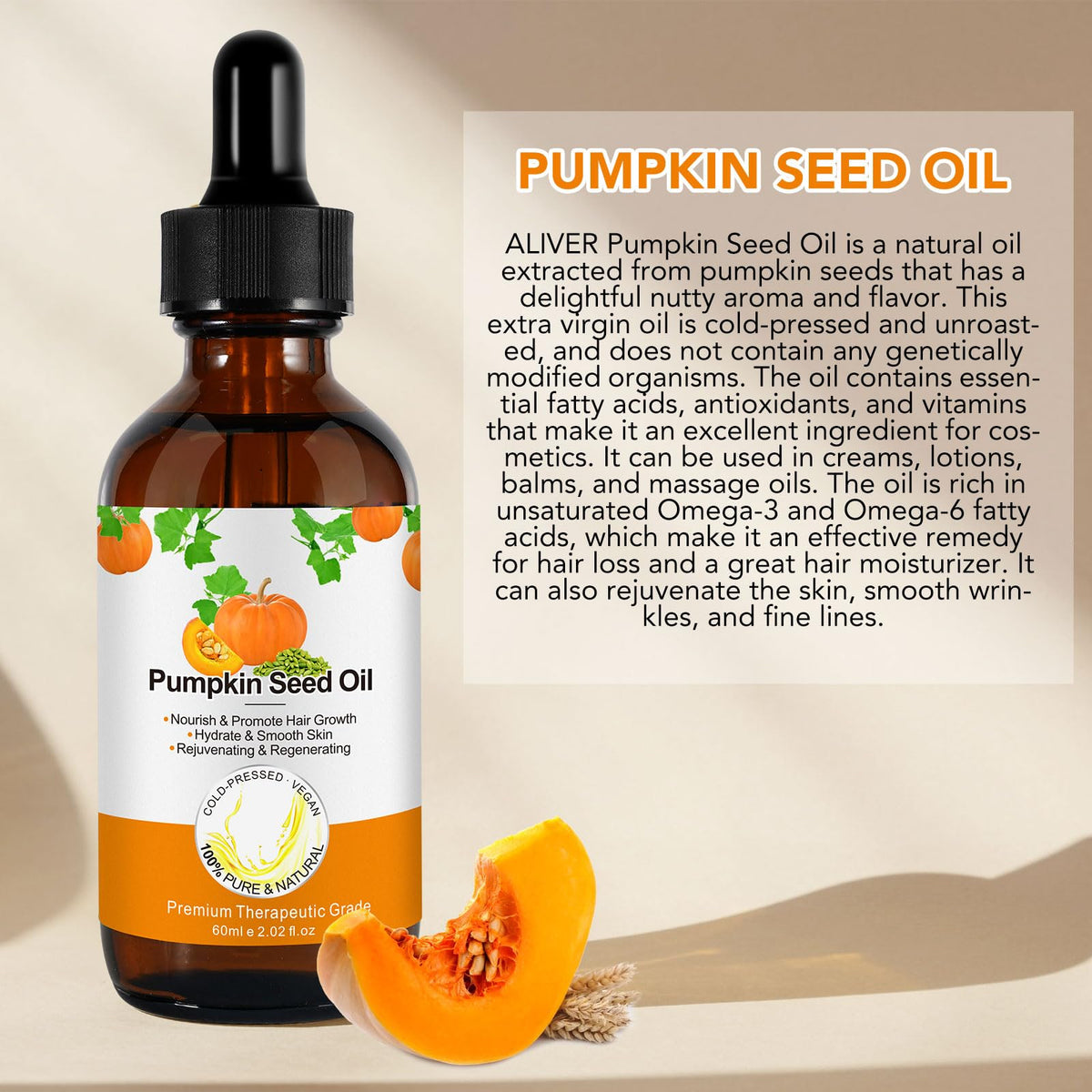 Generic pumpkin seed oil applied to hair ends improving smoothness benefit
