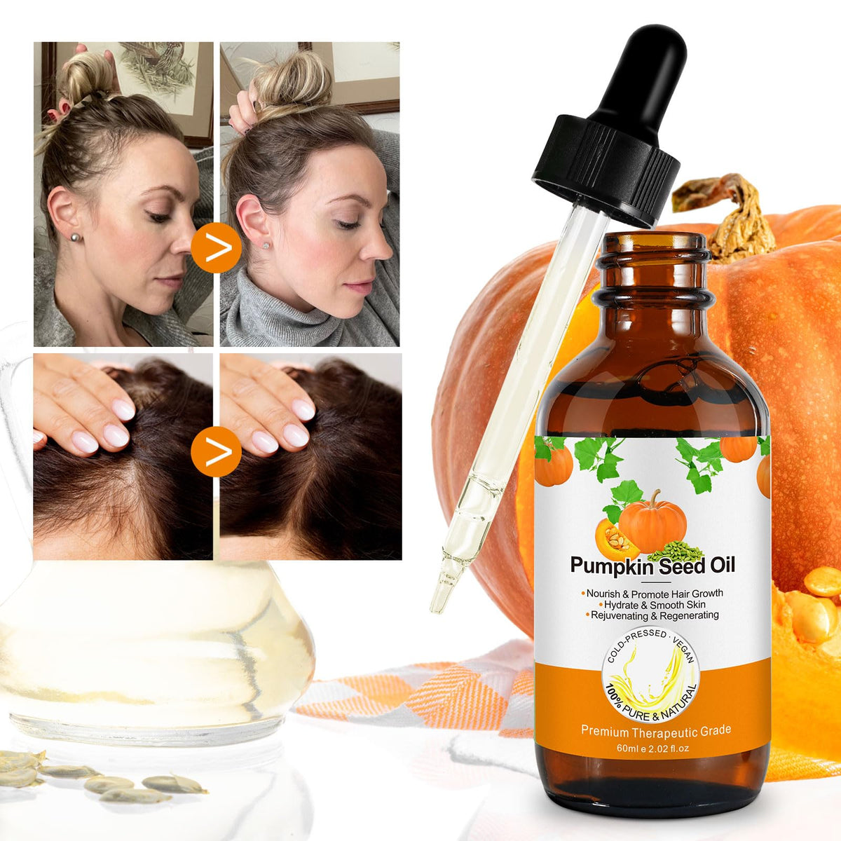 Generic pumpkin seed oil label closeup highlighting cold-pressed purity benefit