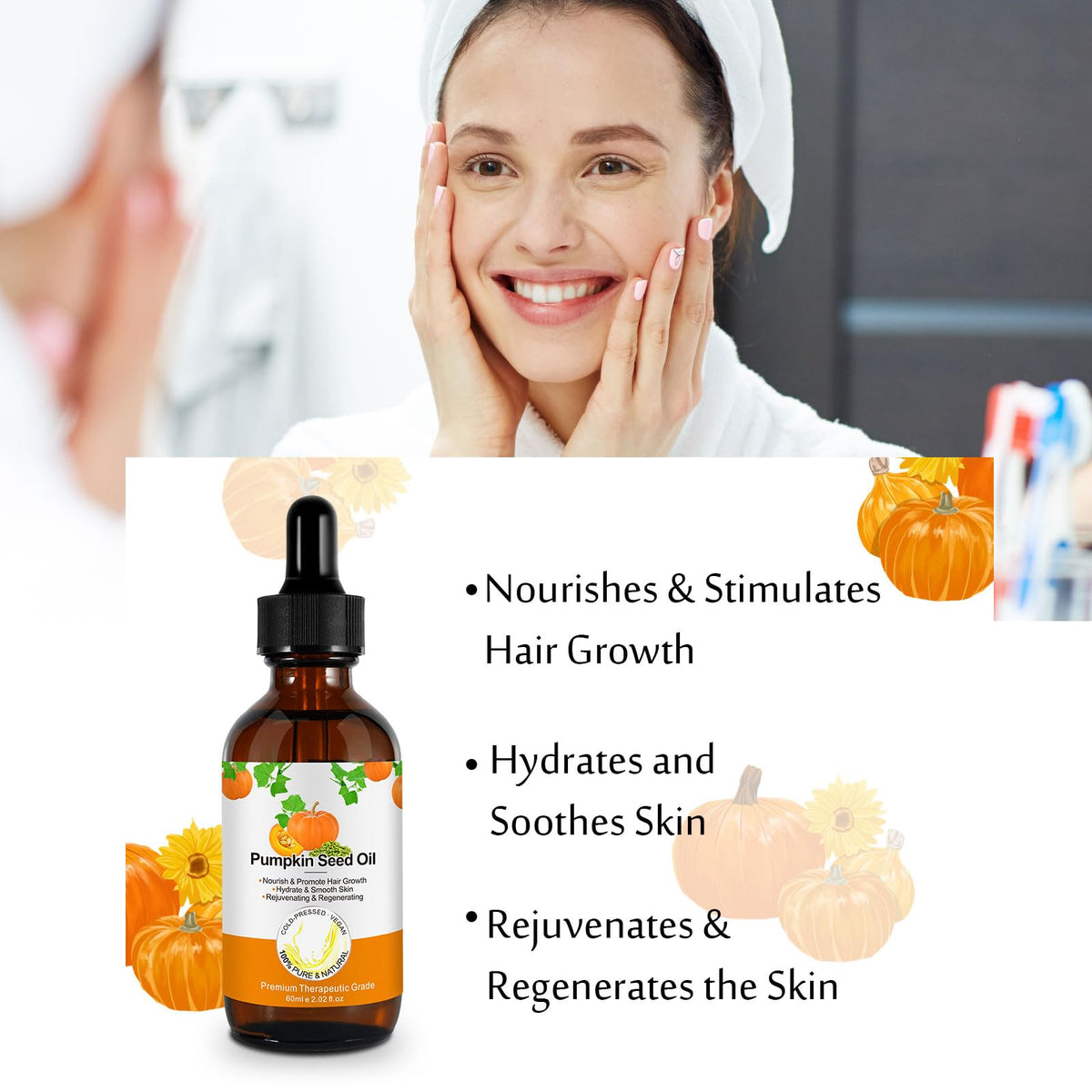 Generic pumpkin seed oil texture drop on hand showing lightweight absorption benefit