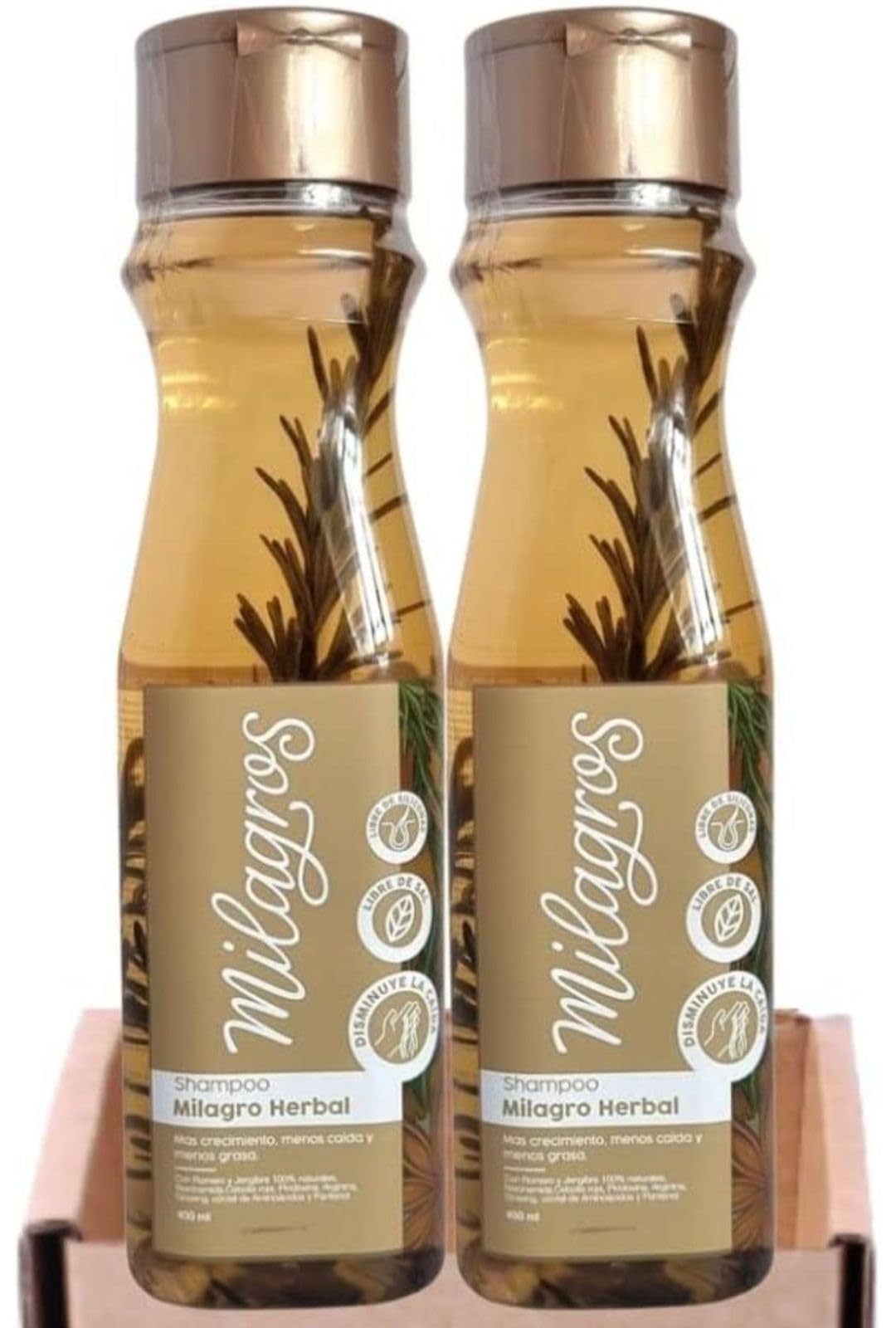 Generic shampoo front bottle showing rosemary and ginger, clarifying and strengthening hair