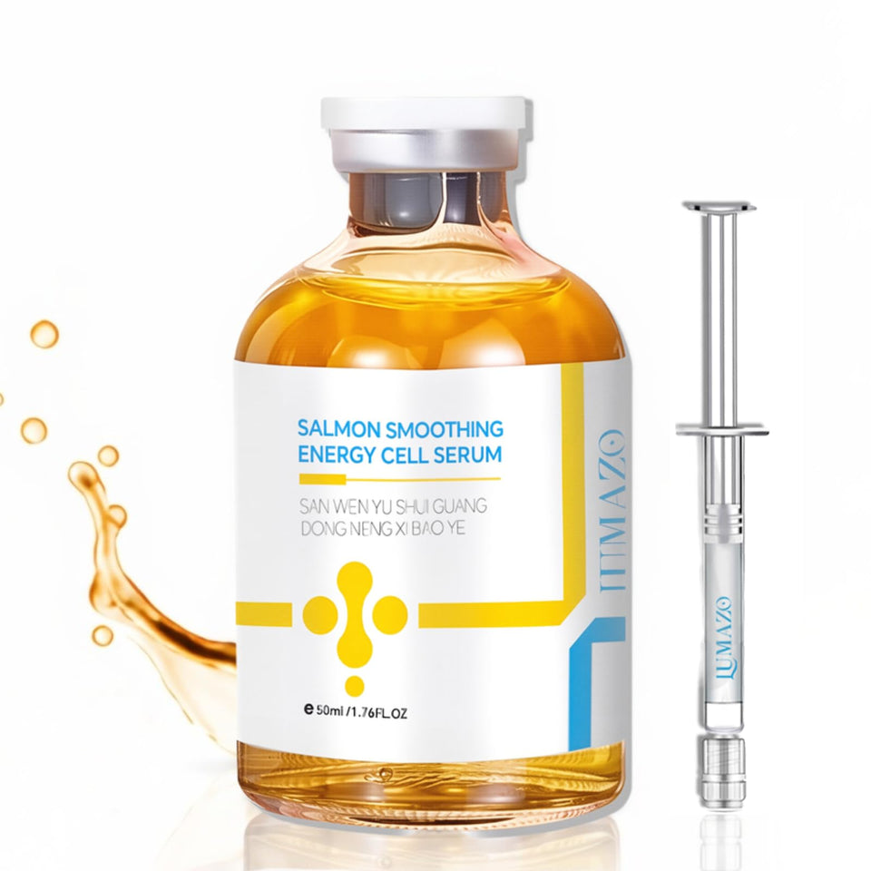 Generic salmon anti-wrinkle serum front packaging shows product and size benefit hydration