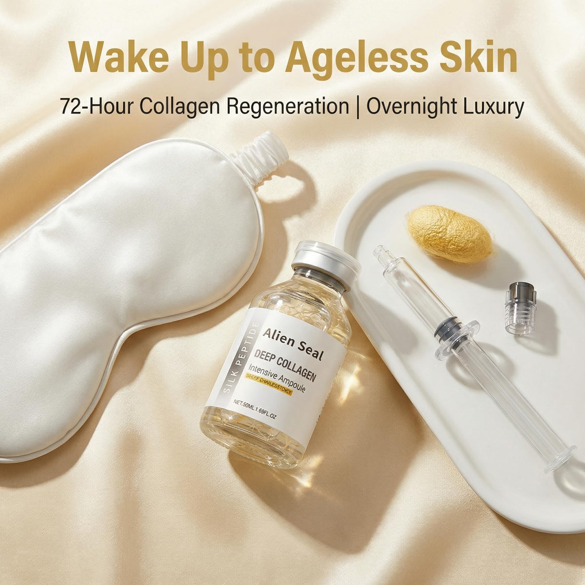 Generic Silk Peptide ampoule on bathroom vanity in lifestyle scene for daily routine benefit