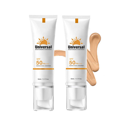Generic tinted sunscreen front packaging showing SPF 50 protection and travel-ready tubes