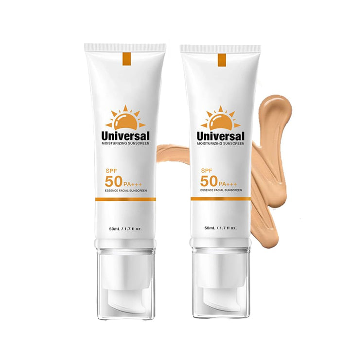 Generic tinted sunscreen front packaging showing SPF 50 protection and travel-ready tubes