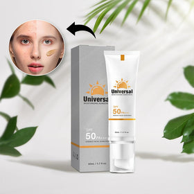 Generic sunscreen placed with makeup items illustrating brand compatibility under foundation