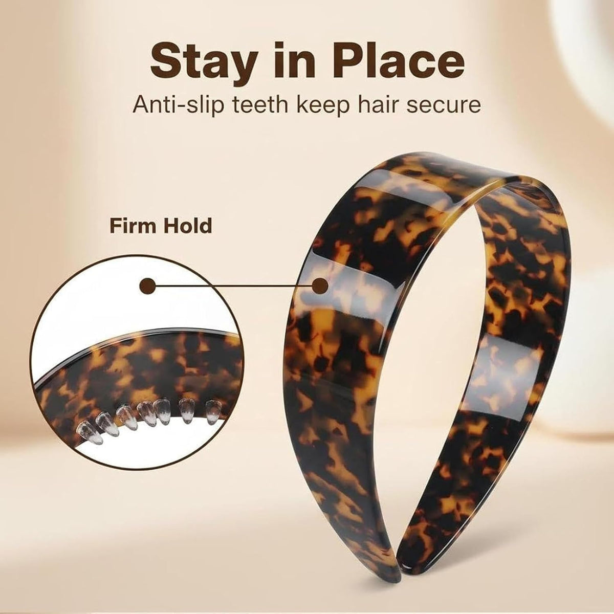 Generic tortoise shell headband close-up of rounded teeth for secure no-slip hold