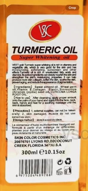Generic turmeric oil bottle next to measuring tape, shows 300ml size and value for body and face use