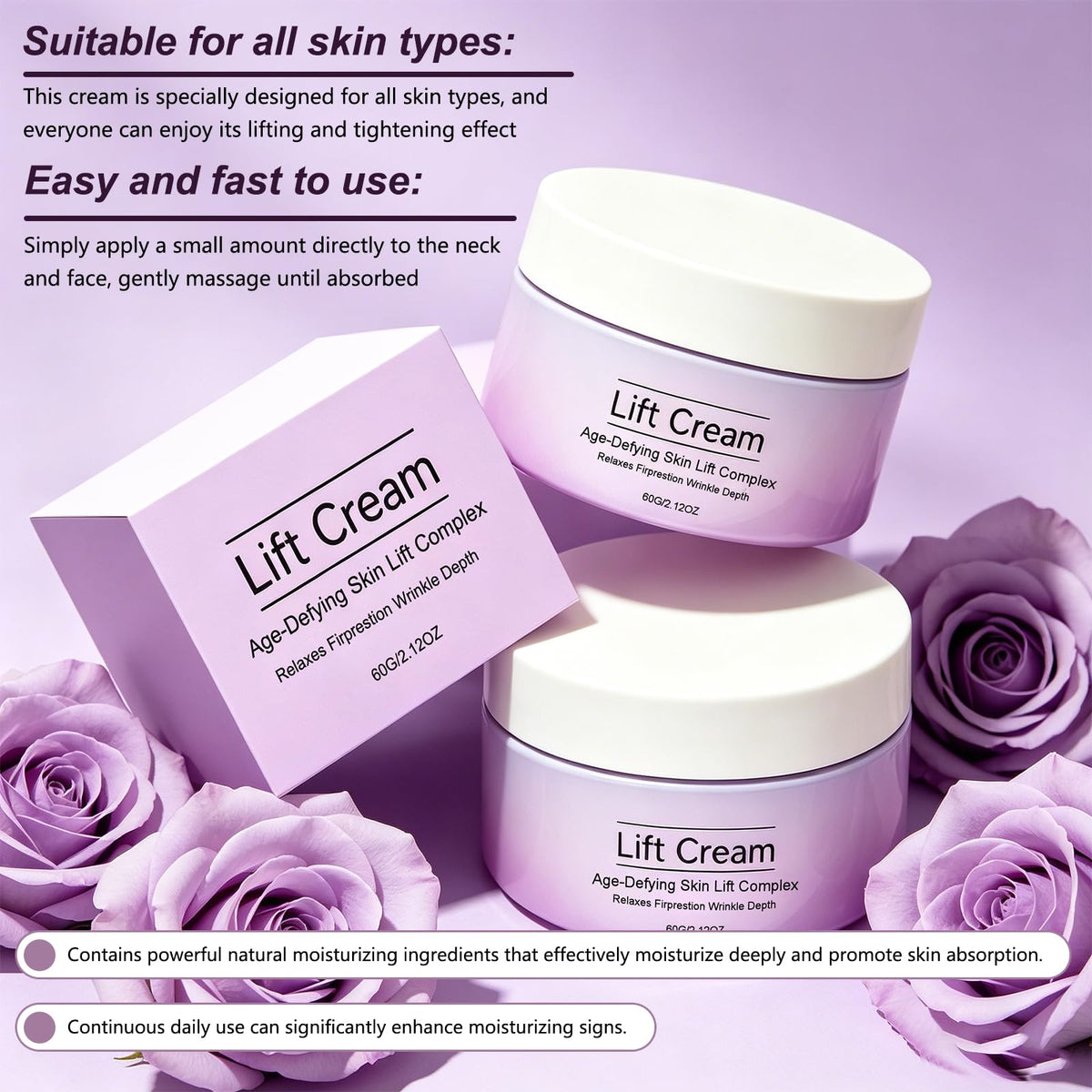Generic Wonder Lift Cream beside common items showing 60ml scale and travel-ready benefit