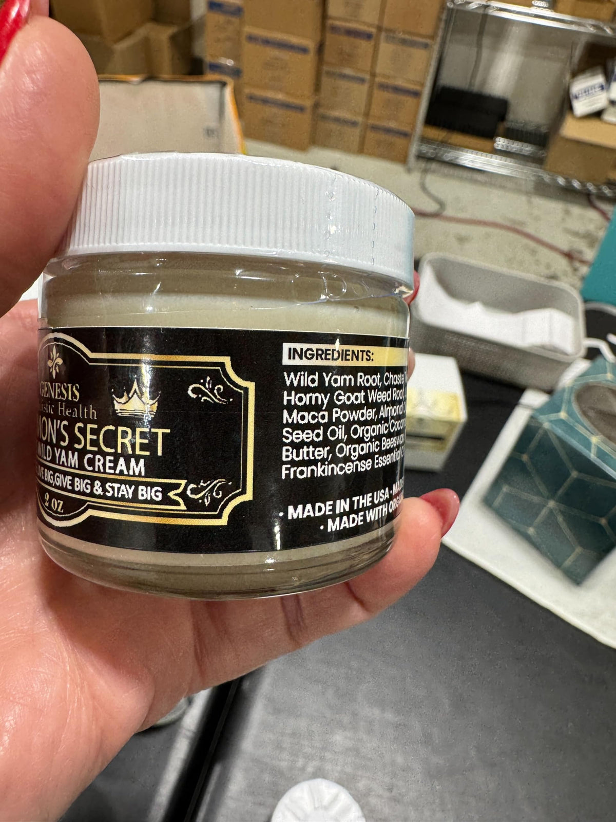Genesis Holistic Health ingredient arrangement with wild yam and maca, highlights organic sourcing