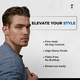 Gentlemen Republic in-use on slick-back hairstyle illustrating strong hold and polish
