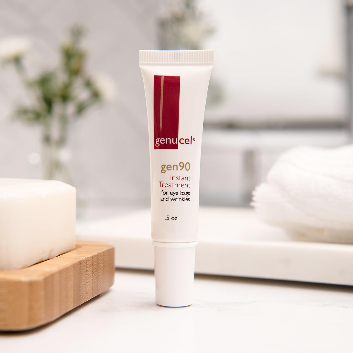 Genucel Gen90 on bathroom vanity in lifestyle scene for daily routine inspiration
