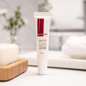 Genucel Gen90 on bathroom vanity in lifestyle scene for daily routine inspiration