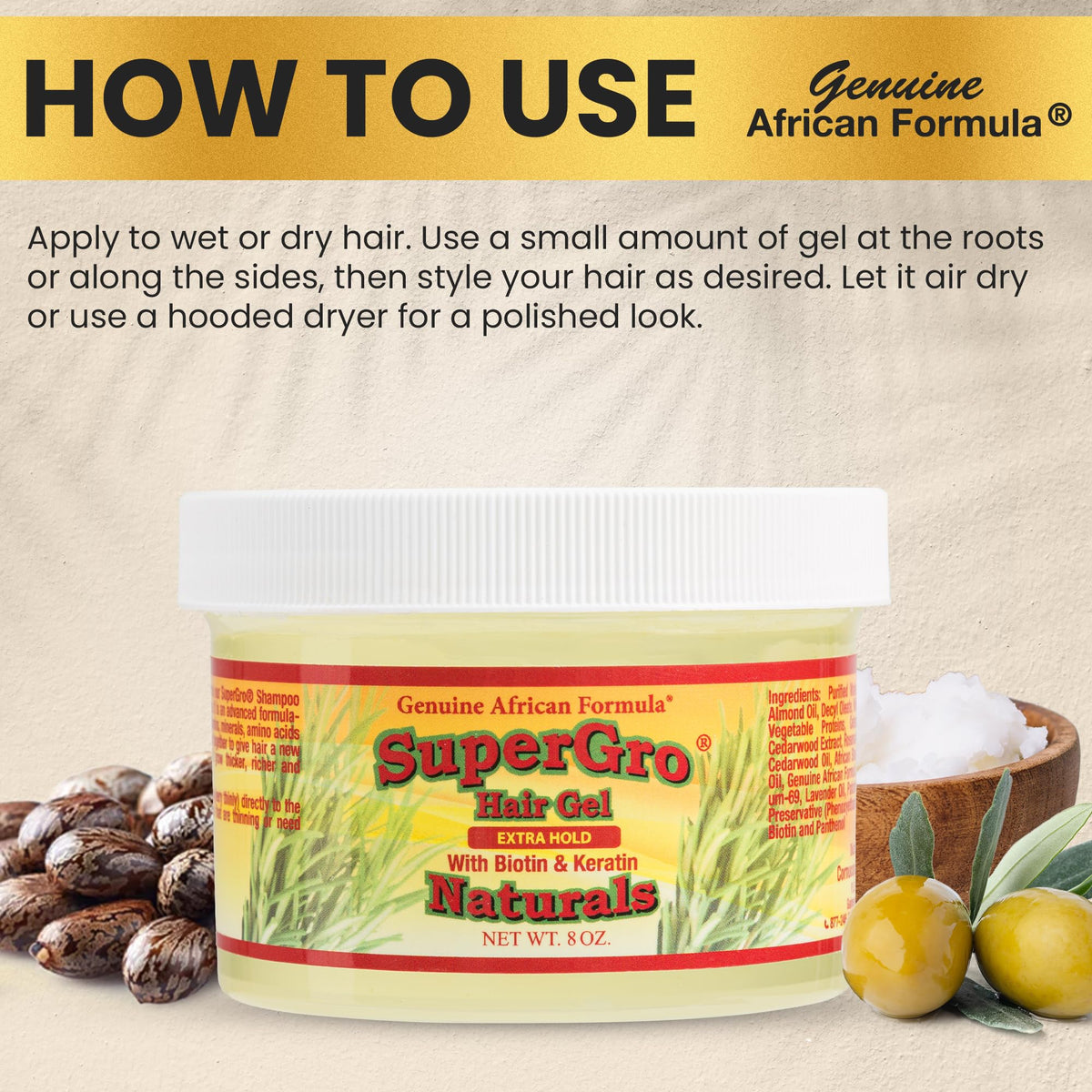 Genuine African Formula ingredient display with black castor oil and botanicals for nourishment